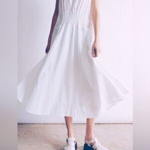 THAKOON Dress NWT Eyelet Smocked Oversized Cotton MIDI Sleeveless White Size 0